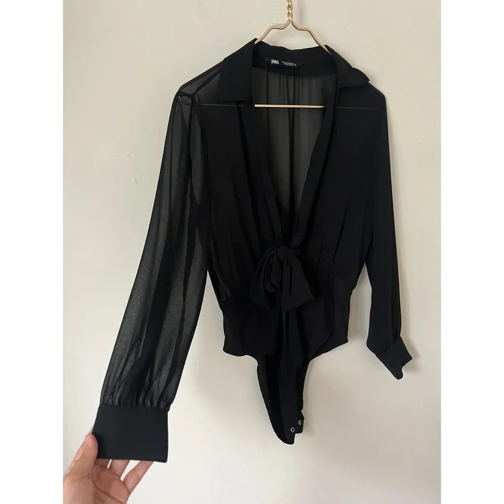 Zara Women Black Sheer Chiffon Tie Front Long Sleeve Bodysuit party neutral S